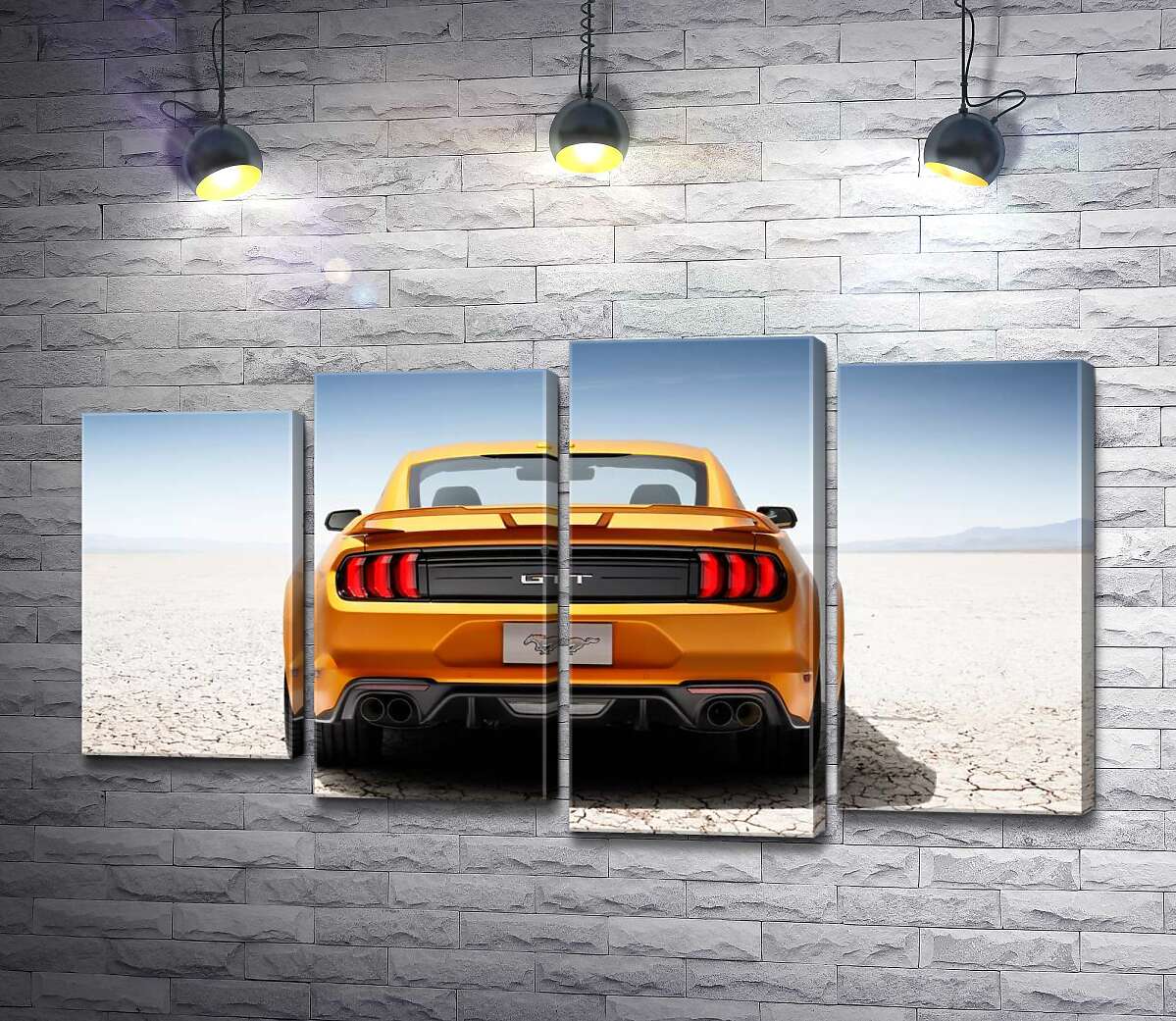 

Модульная картина ArtPoster Желтый автомобиль Ford Mustang GT среди пустыни 132x75 см Модуль №21