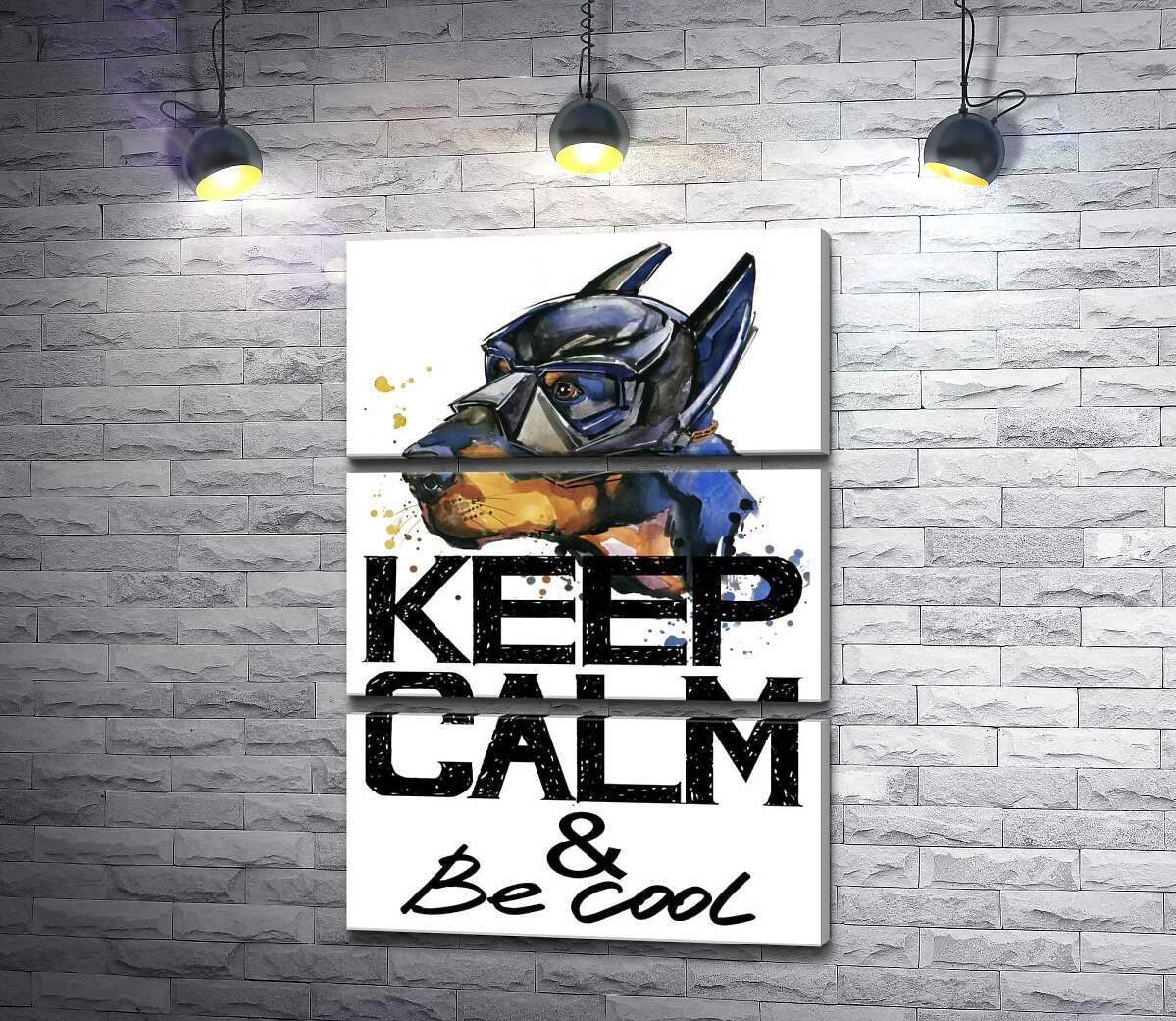 

Модульная картина ArtPoster Доберман в маске Бэтмена среди надписи "keep calm and be cool" 130x192 см Модуль №13