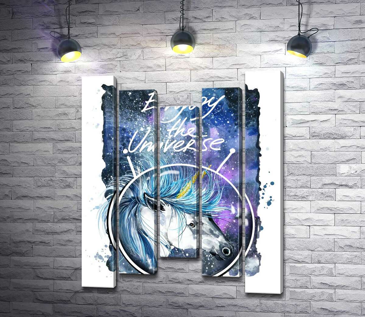 

Модульная картина ArtPoster Голубая грива единорога развевается в космическом пространстве рядом с надписью "Enjoy the Universe" 100x130 см Модуль №28