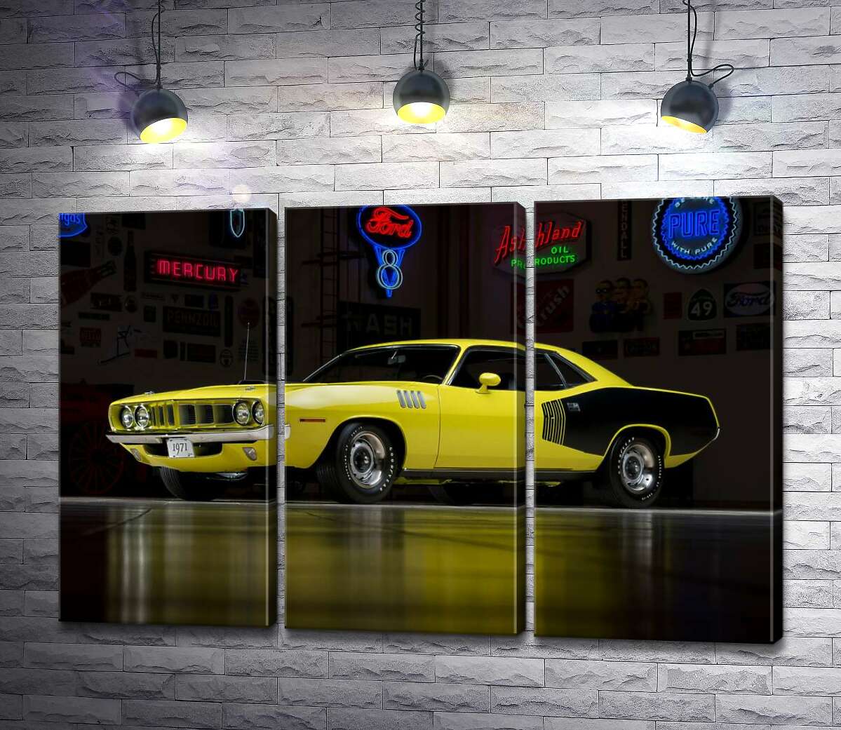 

Модульная картина ArtPoster Желтый спортивный автомобиль Plymouth Barracuda, родом из 70-х 132x87 см Модуль №11