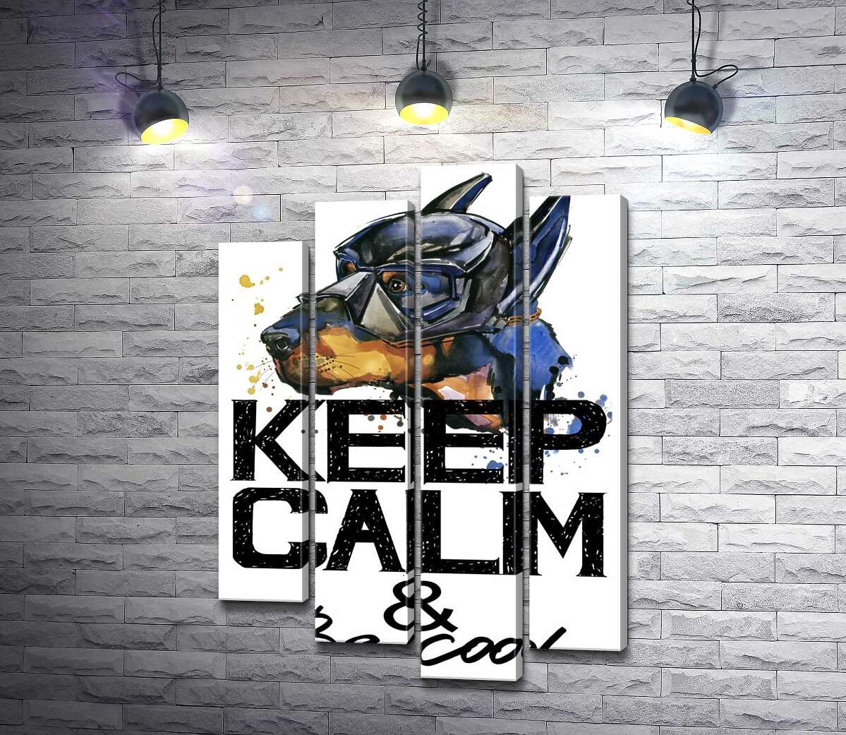 

Модульная картина ArtPoster Доберман в маске Бэтмена среди надписи "keep calm and be cool" 132x192 см Модуль №21