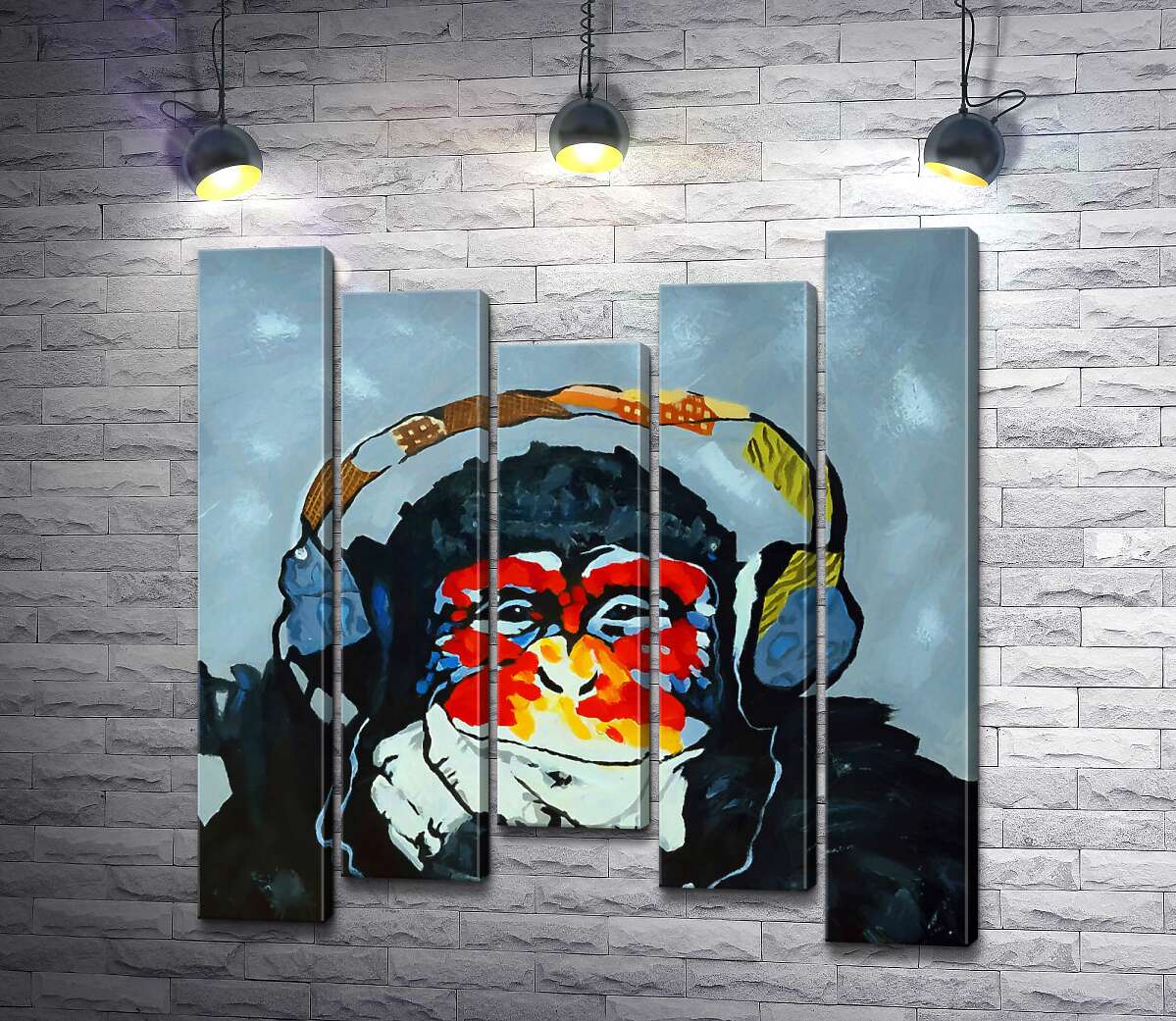 

Модульная картина ArtPoster Горилла задумчиво слушает музыку в наушниках 100x106 см Модуль №28