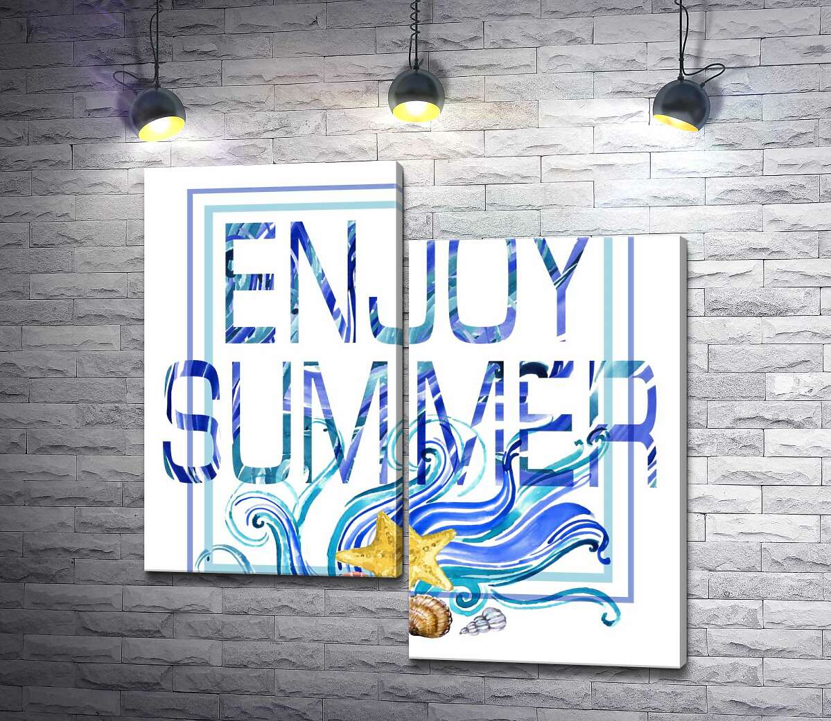 

Модульная картина ArtPoster Голубая рамка с морскими волнами и ракушками окружила надпись "enjoy summer" 100x100 см Модуль №5