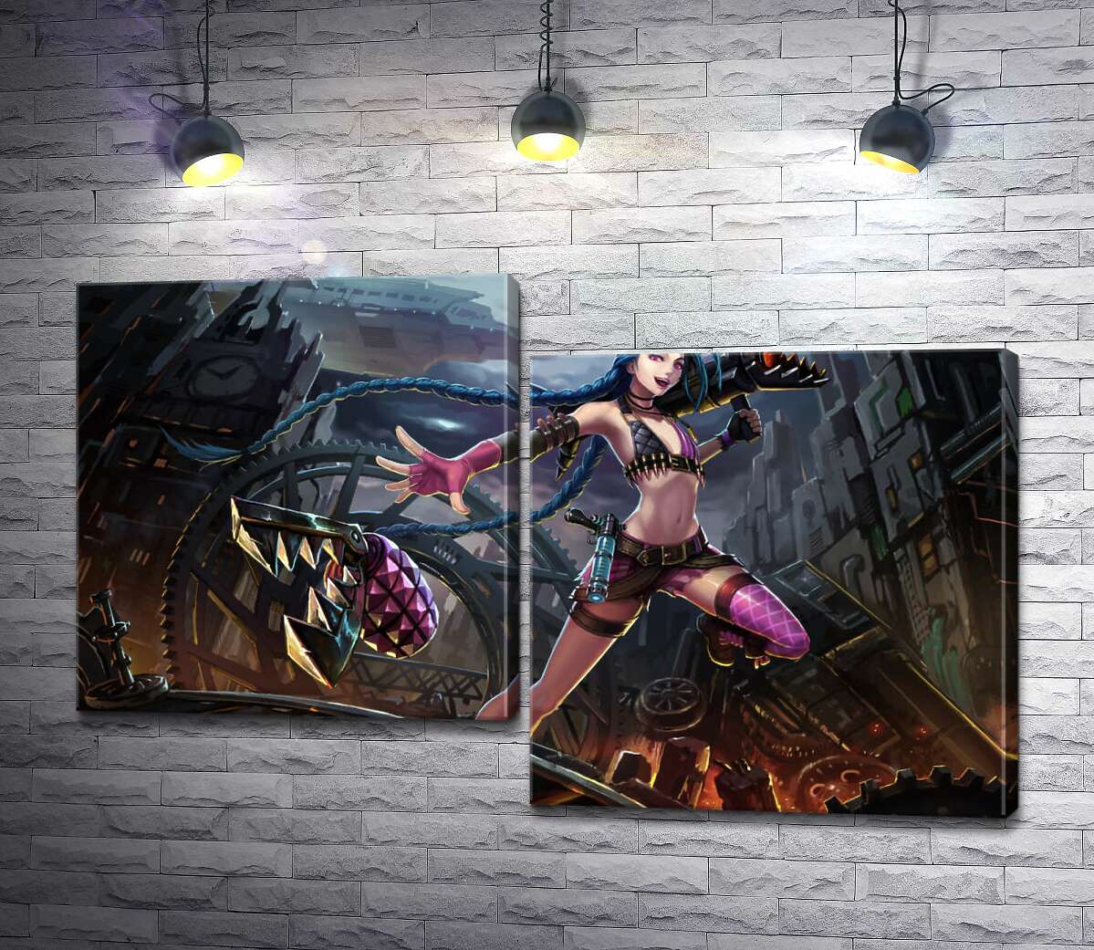 

Модульная картина ArtPoster Героиня игры League of Legends, хулиганка Джинкс, на фоне разрушенного города 130x82 см Модуль №5