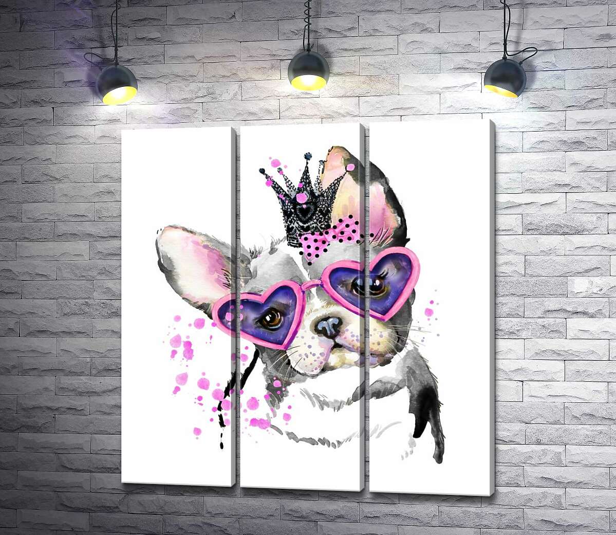 

Модульная картина ArtPoster Гламурный французский бульдог с розовым бантом, короной и в очках 102x109 см Модуль №11