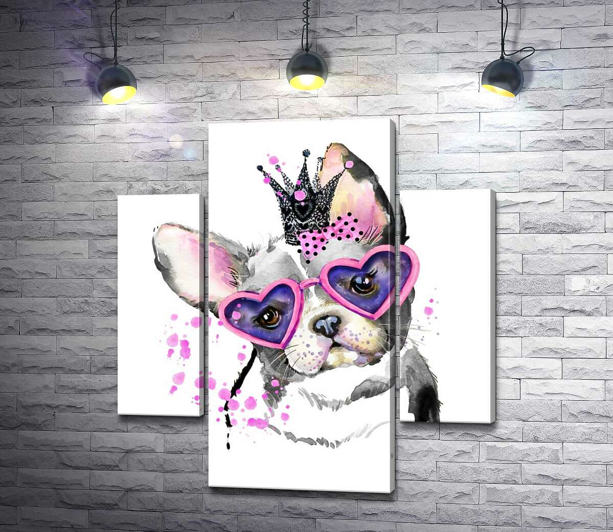 

Модульная картина ArtPoster Гламурный французский бульдог с розовым бантом, короной и в очках 100x110 см Модуль №7