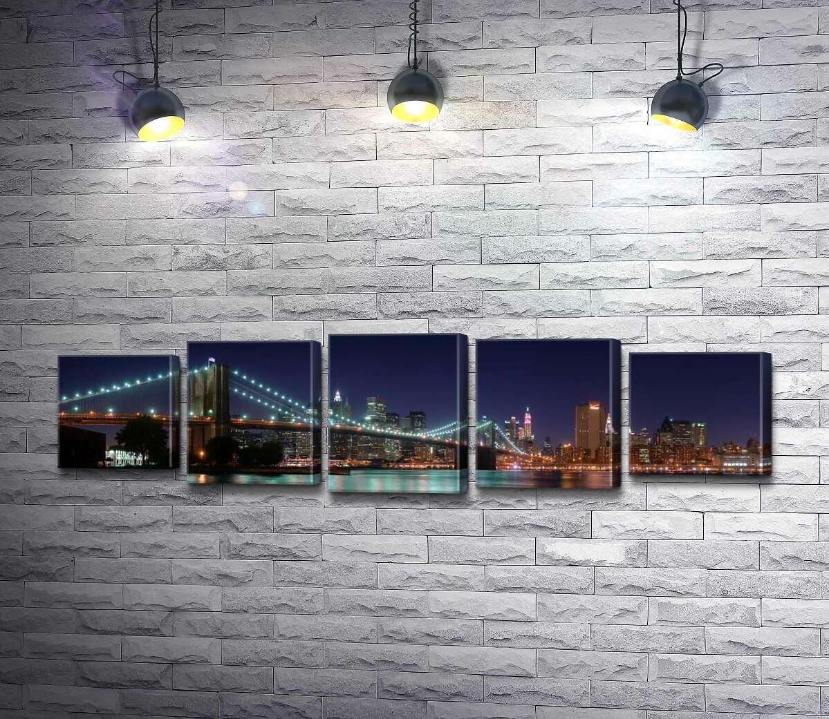 

Модульная картина ArtPoster Гирлянды фонарей Бруклинского моста (Brooklyn Bridge) отражаются в водах пролива Ист-ривер (East River) 130x37 см Модуль №26