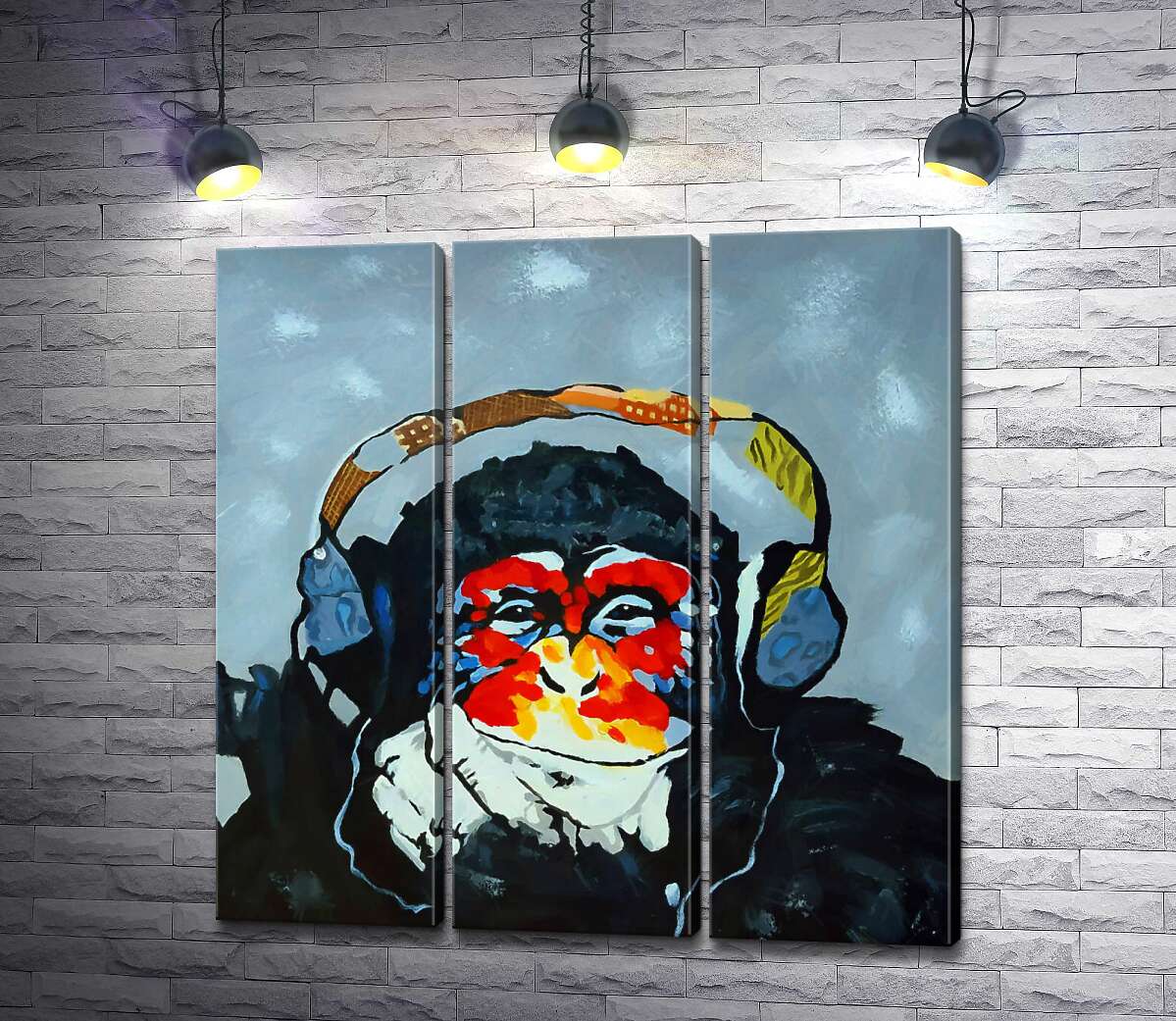 

Модульная картина ArtPoster Горилла задумчиво слушает музыку в наушниках 132x135 см Модуль №11