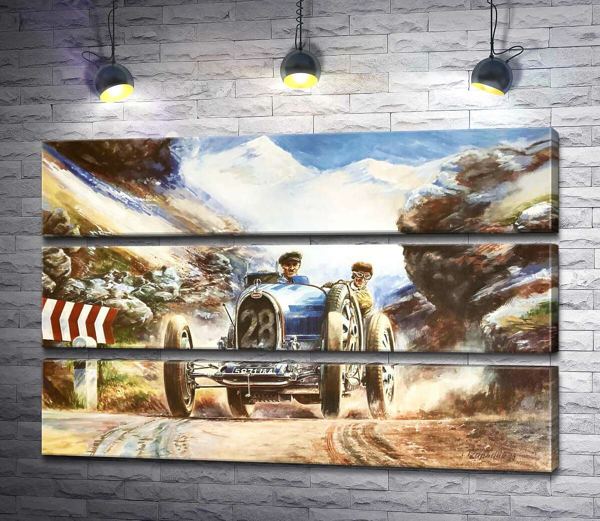 

Модульная картина ArtPoster Гоночный автомобиль Bugatti Type 35 на трассе среди заснеженных Альп 130x84 см Модуль №13