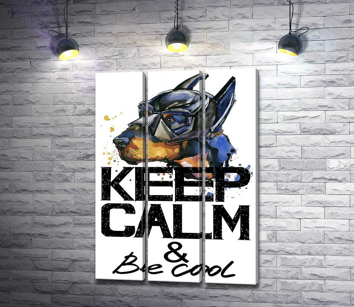 

Модульная картина ArtPoster Доберман в маске Бэтмена среди надписи "keep calm and be cool" 60x88 см Модуль №11