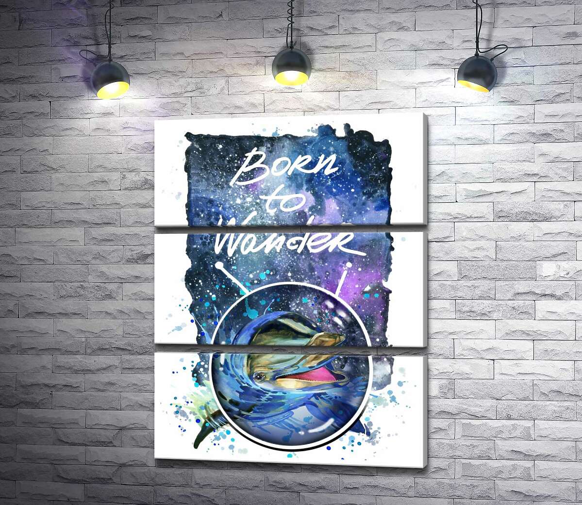 

Модульная картина ArtPoster Дельфин выглядывает из воды в космическое пространство рядом с названием "born to wander" 130x168 см Модуль №13