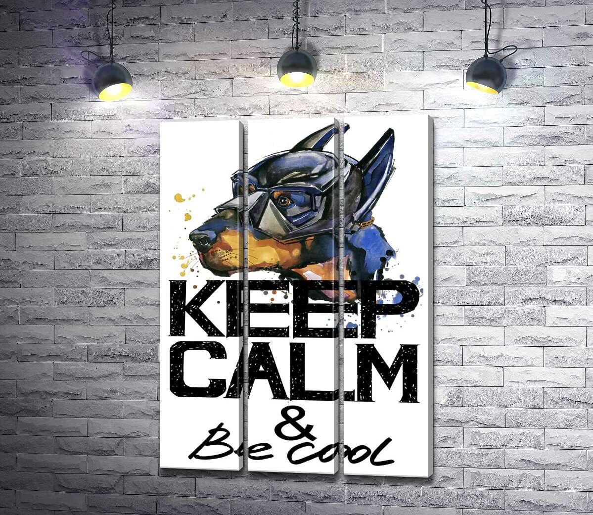 

Модульная картина ArtPoster Доберман в маске Бэтмена среди надписи "keep calm and be cool" 102x146 см Модуль №11