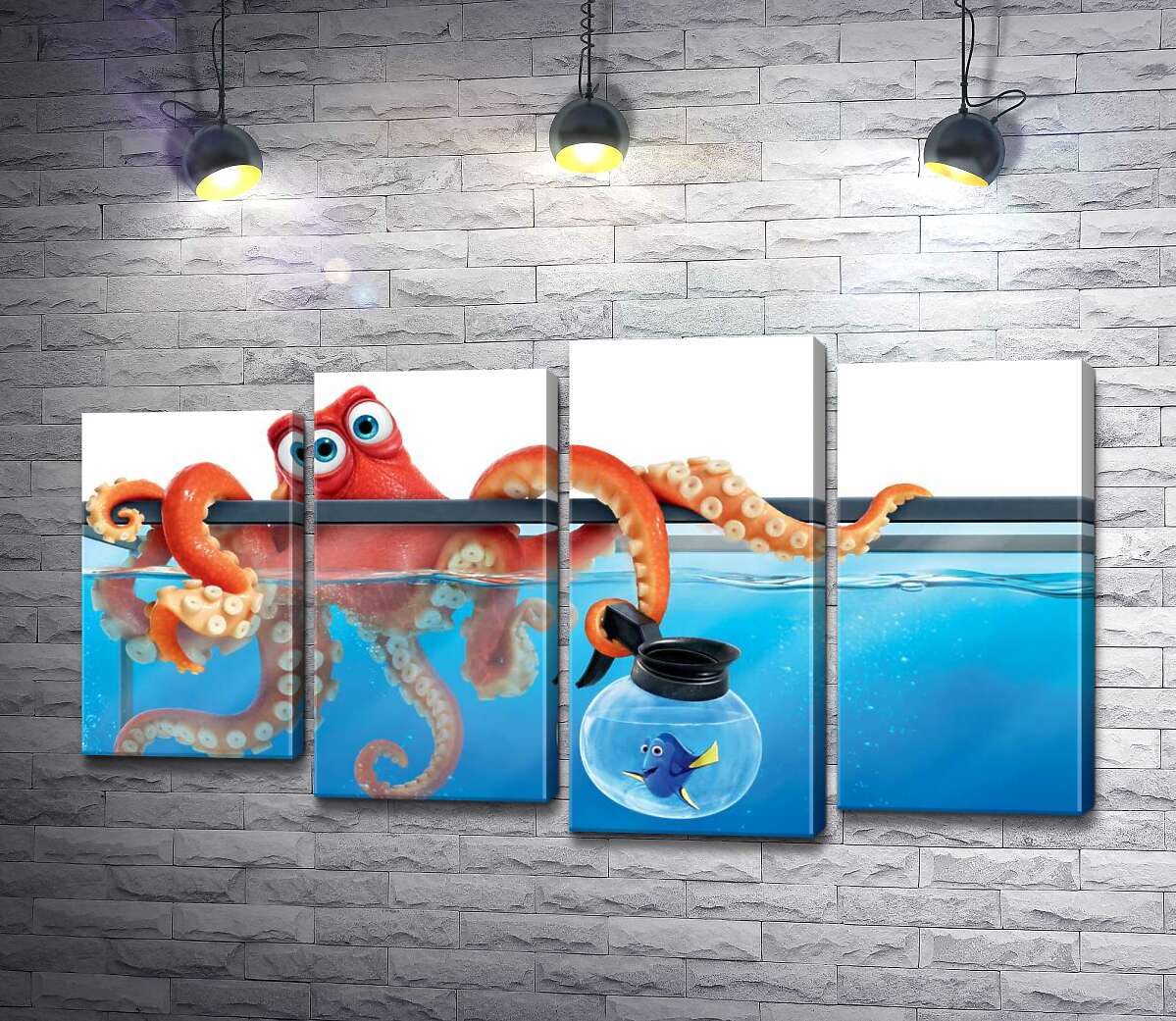 

Модульная картина ArtPoster Герои мультфильма "В поисках Дори" (Finding Dory) осьминог Хэнк и рыба Дори в аквариумах 100x58 см Модуль №21