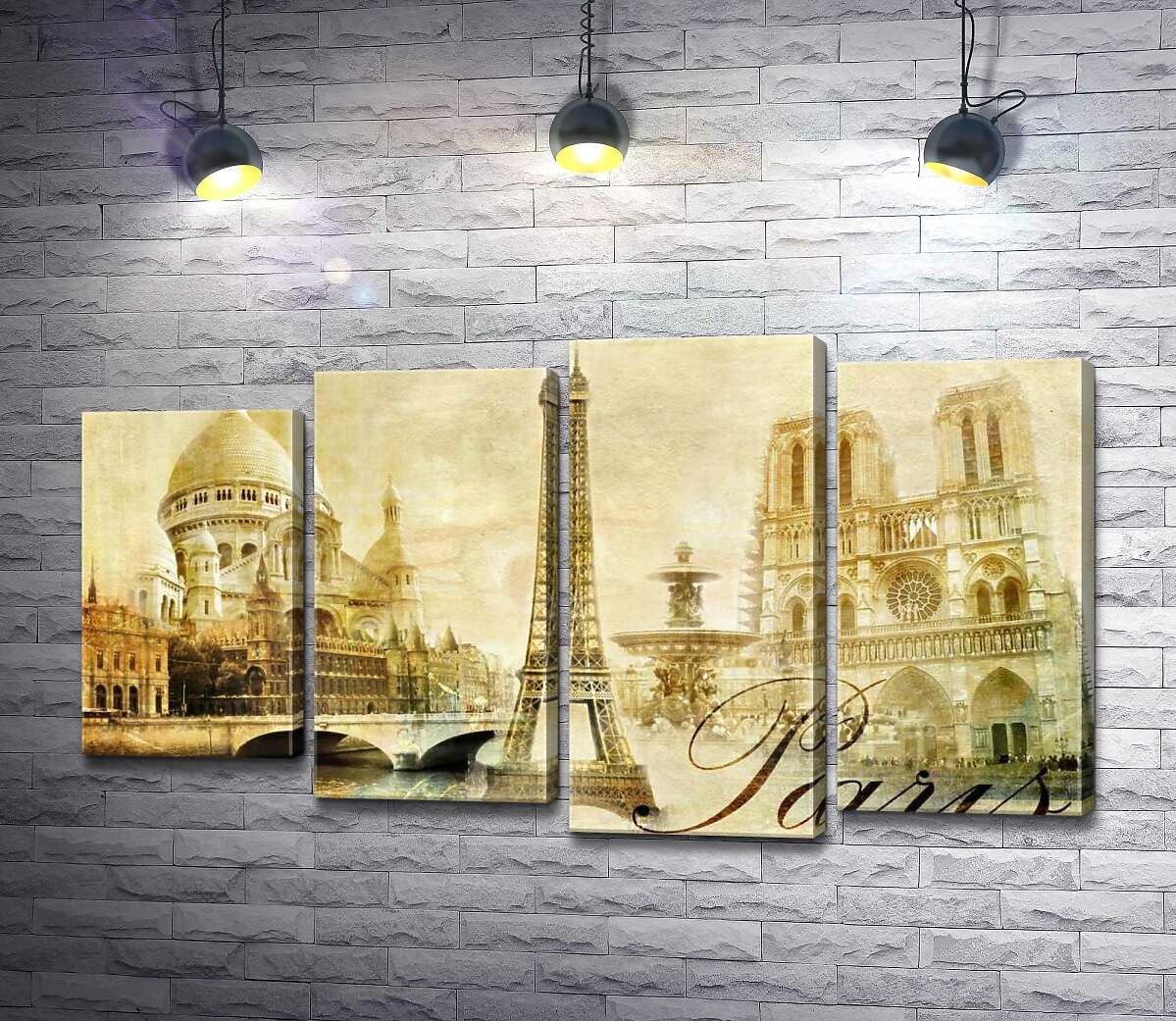 

Модульная картина ArtPoster Главные здания Парижа: Эйфелева башня (Eiffel tower), Нотр-Дам-де-Пари (Notre dame de Paris) и базилика Сакре-Кер (Basilique du Sacre Cœur) 132x75 см Модуль №21