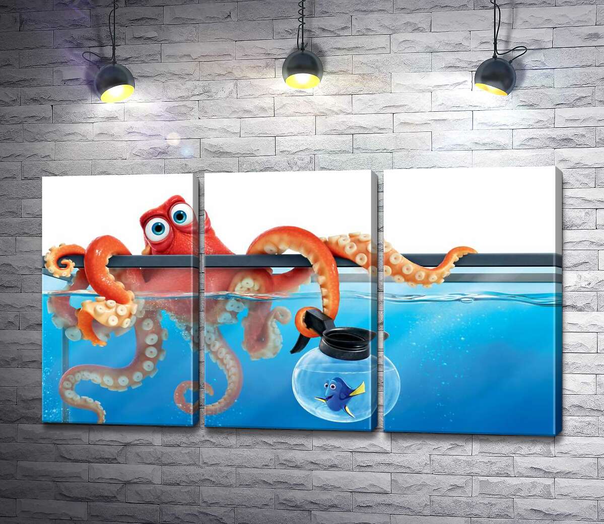 

Модульная картина ArtPoster Герои мультфильма "В поисках Дори" (Finding Dory) осьминог Хэнк и рыба Дори в аквариумах 132x73 см Модуль №11
