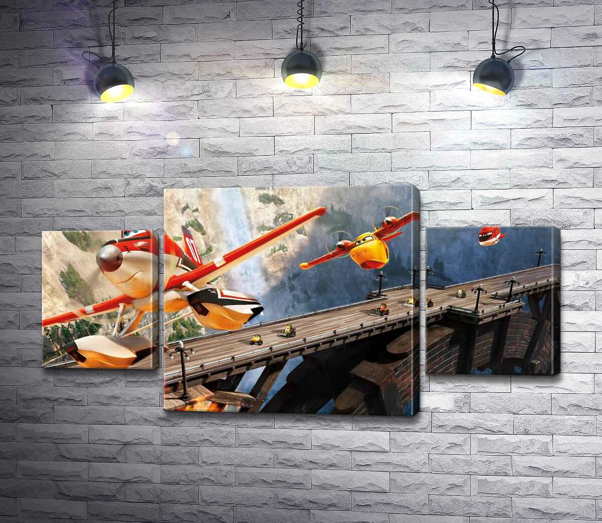 

Модульная картина ArtPoster Герои мультфильма "Самолеты" спешат на спасательную операцию 131x65 см Модуль №7