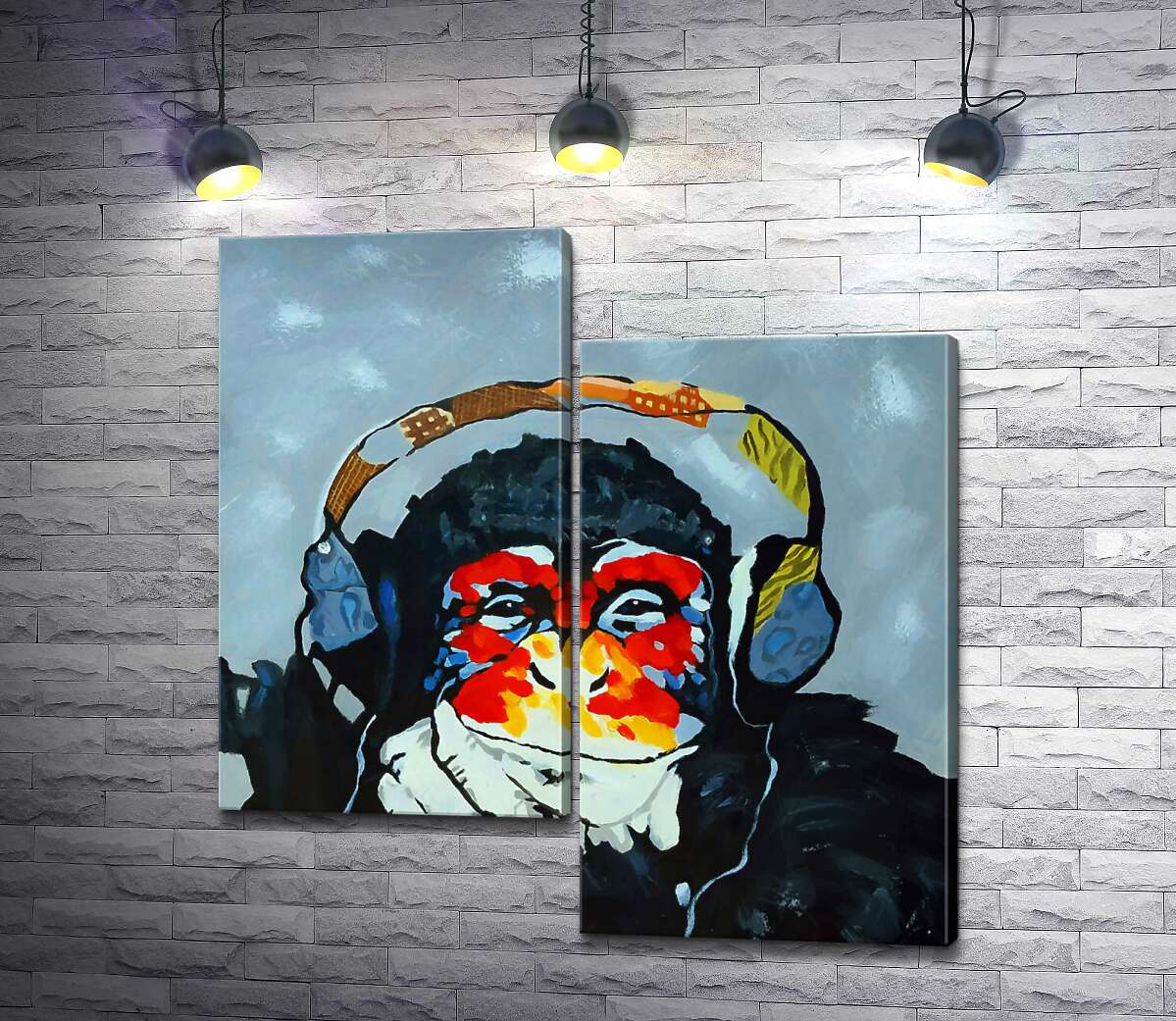 

Модульная картина ArtPoster Горилла задумчиво слушает музыку в наушниках 100x105 см Модуль №5
