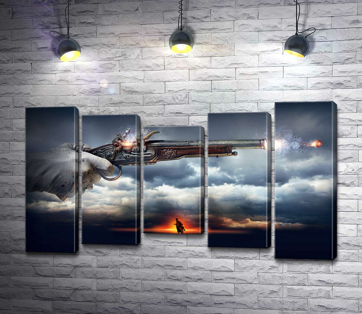 

Модульная картина ArtPoster Кавалер стреляет из пистолета на фоне грозовых облаков 100x60 см Модуль №28