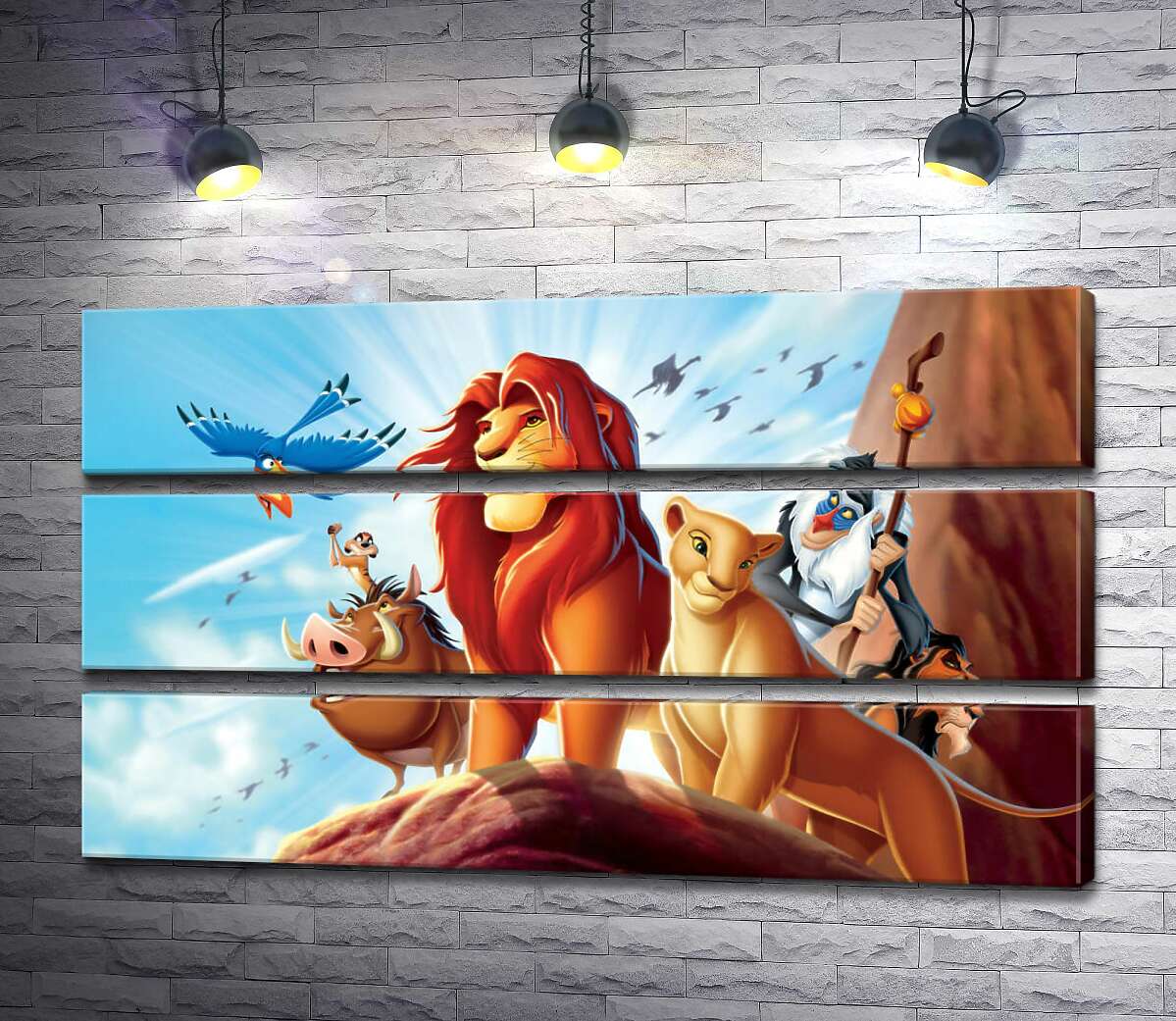 

Модульная картина ArtPoster Животные – герои мультфильма "Король Лев" (The Lion King) стоят на краю скалы во главе с Симбой 130x75 см Модуль №13