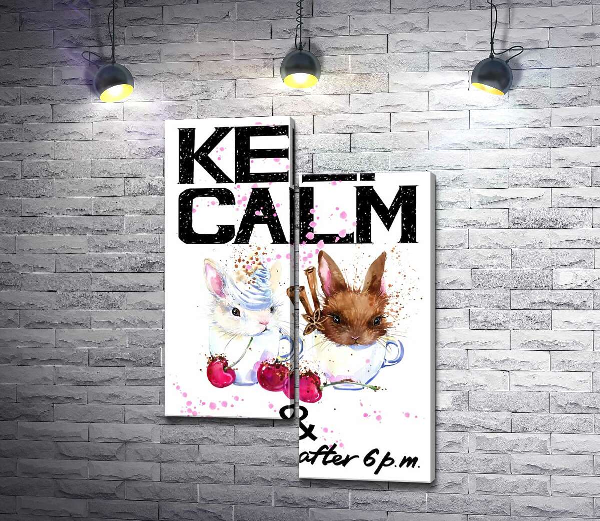 

Модульная картина ArtPoster Зайцы в чашках с кофе между надписью "keep calm and don't eat after 6 p.m." 130x191 см Модуль №5