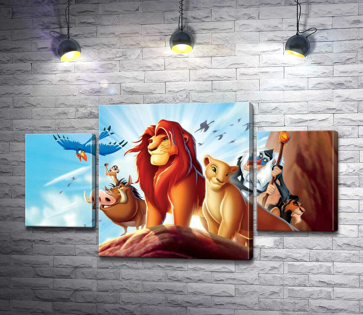 

Модульная картина ArtPoster Животные – герои мультфильма "Король Лев" (The Lion King) стоят на краю скалы во главе с Симбой 131x74 см Модуль №7