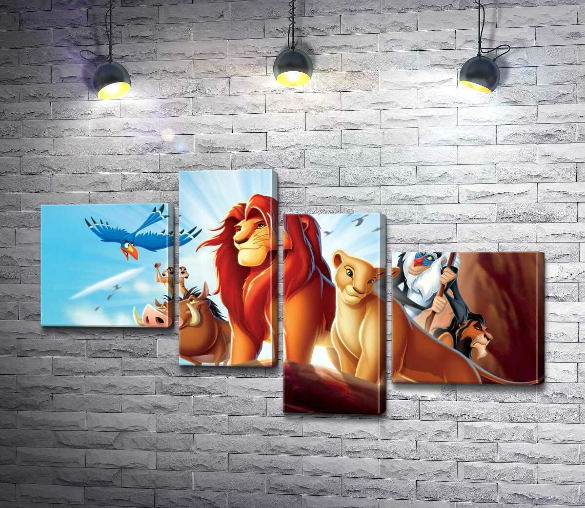

Модульная картина ArtPoster Животные – герои мультфильма "Король Лев" (The Lion King) стоят на краю скалы во главе с Симбой 130x74 см Модуль №20