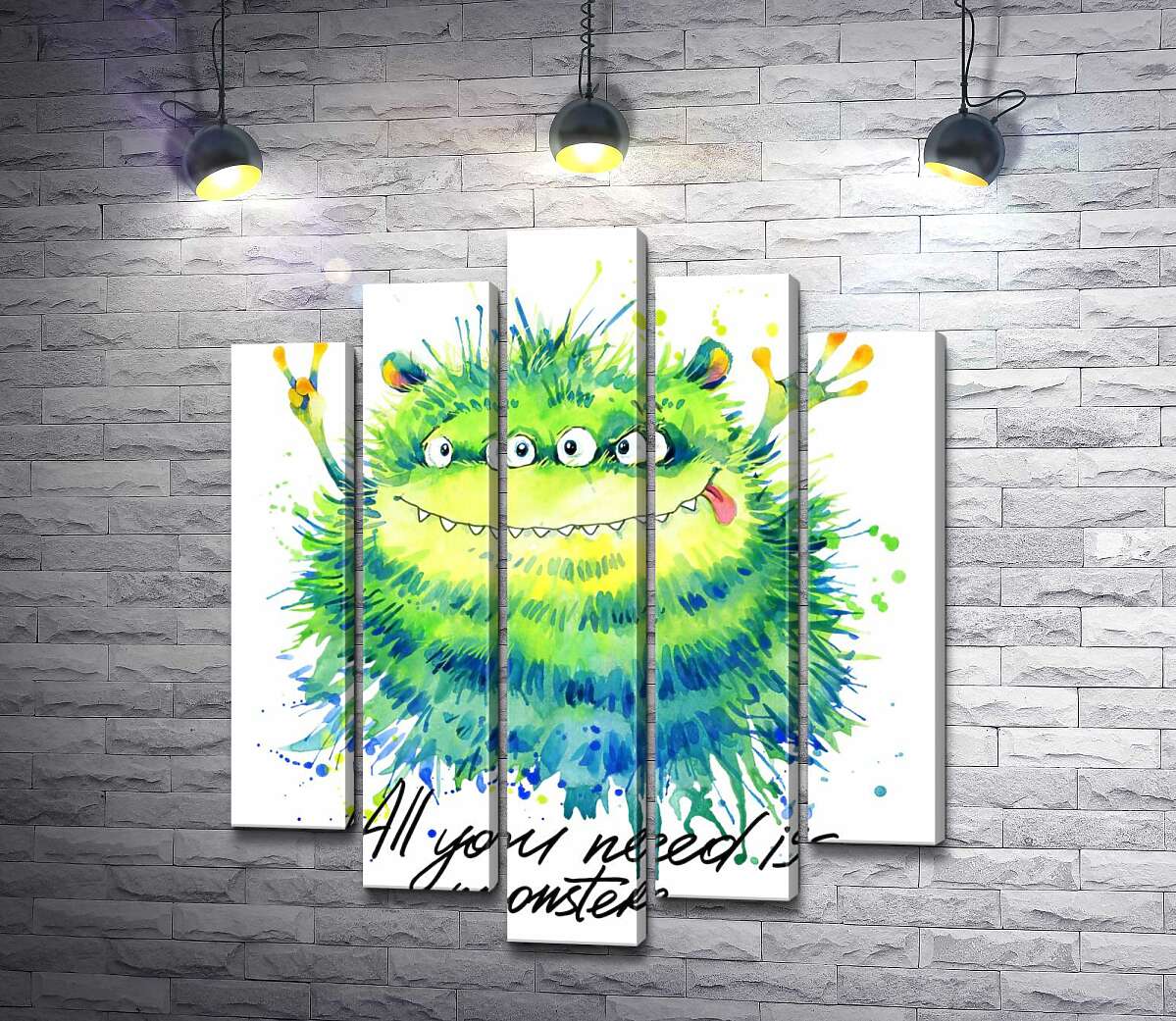 

Модульная картина ArtPoster Зеленый четырехглазый монстр с надписью "all you need is monster" 100x120 см Модуль №26
