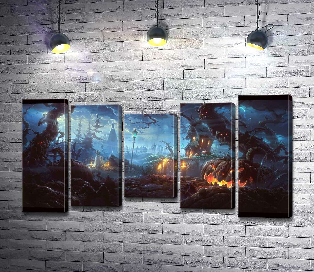 

Модульная картина ArtPoster Жуткая атмосфера Хэллоуина : злая тыква, среди деревьев-монстров на могилах за старым поместьем 130x70 см Модуль №28