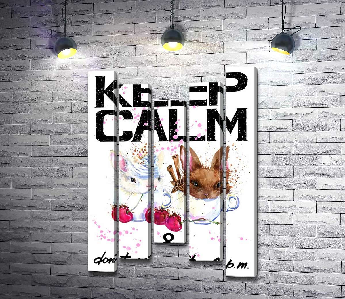 

Модульная картина ArtPoster Зайцы в чашках с кофе между надписью "keep calm and don't eat after 6 p.m." 130x192 см Модуль №28