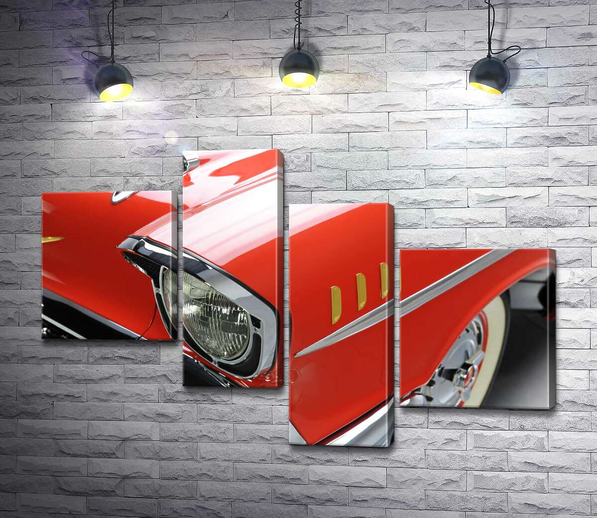

Модульная картина ArtPoster Изысканная фара морковно-красного автомобиля Chevrolet Bel Air 130x87 см Модуль №20
