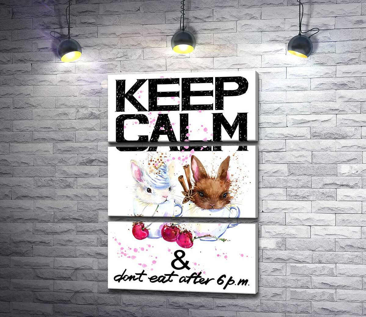 

Модульная картина ArtPoster Зайцы в чашках с кофе между надписью "keep calm and don't eat after 6 p.m." 50x75 см Модуль №13