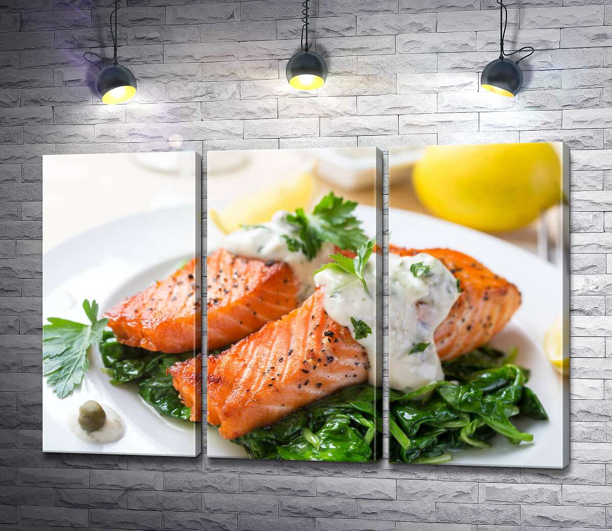 

Модульная картина ArtPoster Запеченный лосось на подушке из шпината под сливочным соусом 60x40 см Модуль №11