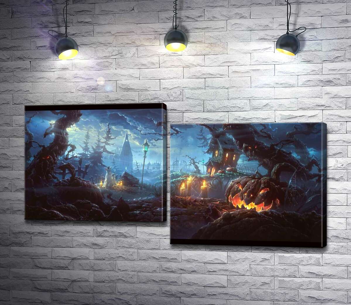 

Модульная картина ArtPoster Жуткая атмосфера Хэллоуина : злая тыква, среди деревьев-монстров на могилах за старым поместьем 130x69 см Модуль №5