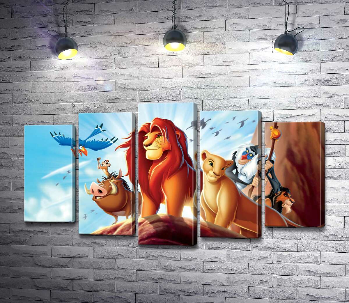 

Модульная картина ArtPoster Животные – герои мультфильма "Король Лев" (The Lion King) стоят на краю скалы во главе с Симбой 130x74 см Модуль №26