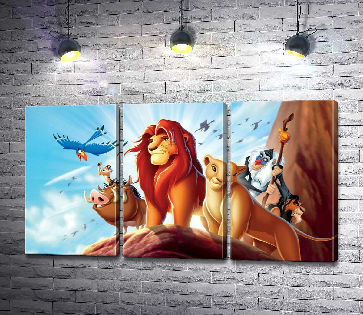 

Модульная картина ArtPoster Животные – герои мультфильма "Король Лев" (The Lion King) стоят на краю скалы во главе с Симбой 102x56 см Модуль №11