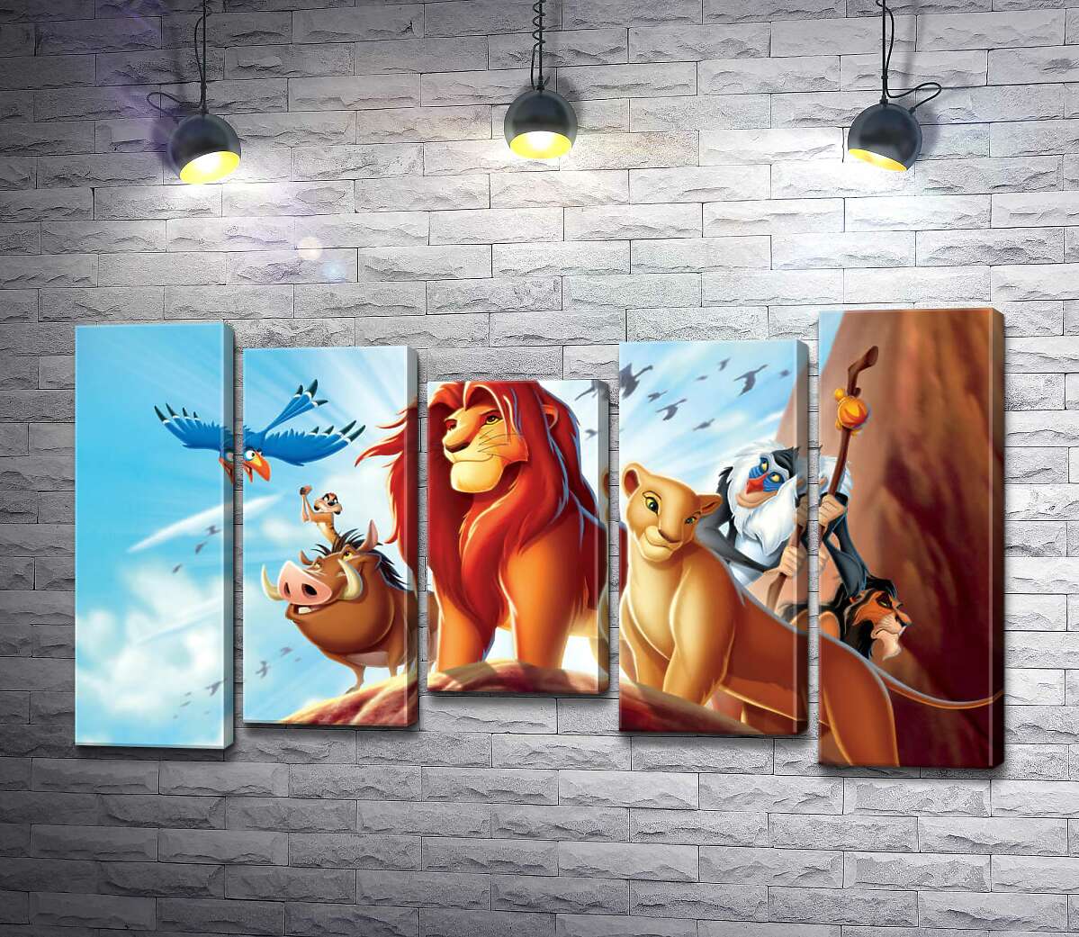 

Модульная картина ArtPoster Животные – герои мультфильма "Король Лев" (The Lion King) стоят на краю скалы во главе с Симбой 130x74 см Модуль №28