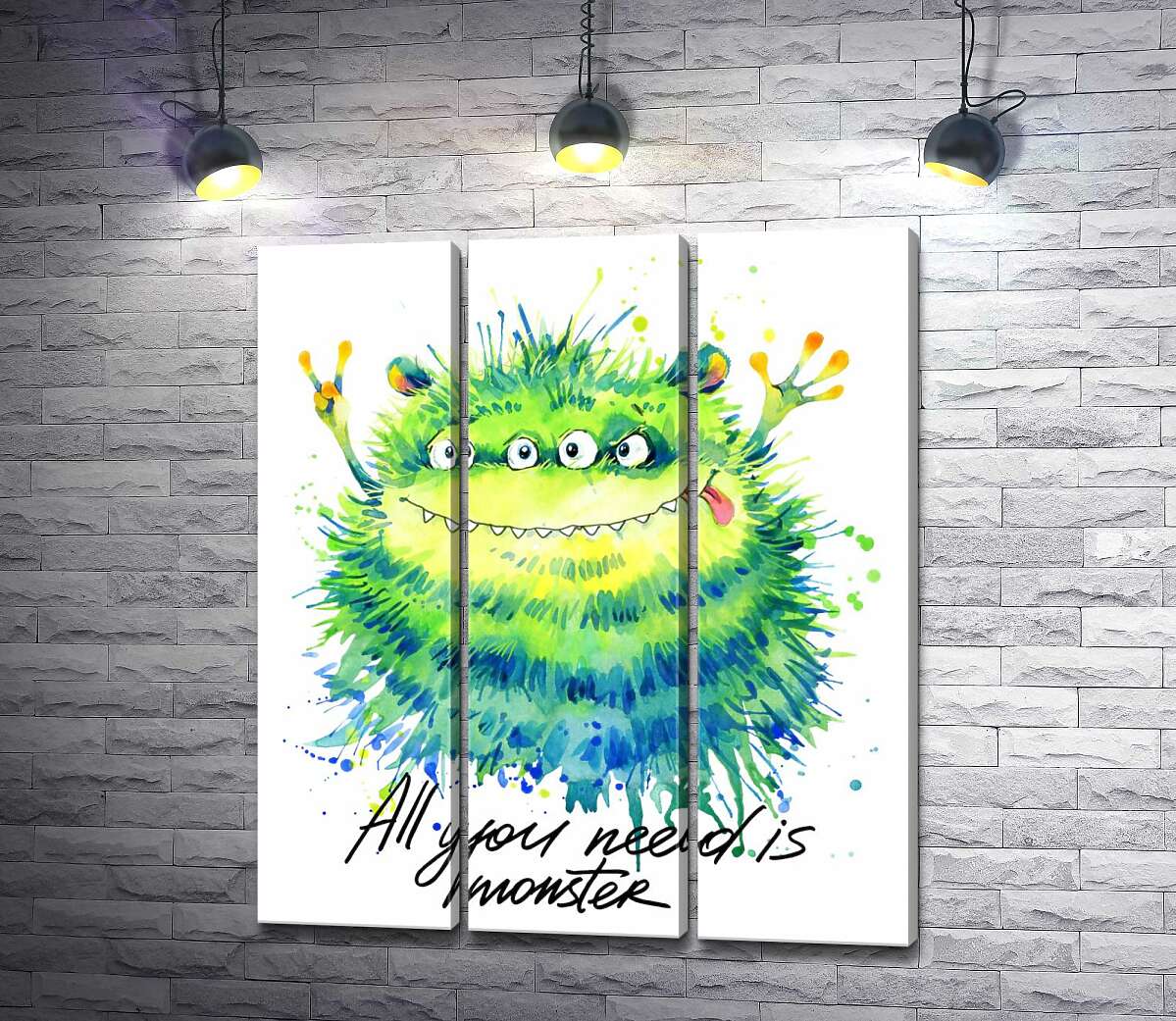 

Модульная картина ArtPoster Зеленый четырехглазый монстр с надписью "all you need is monster" 60x71 см Модуль №11