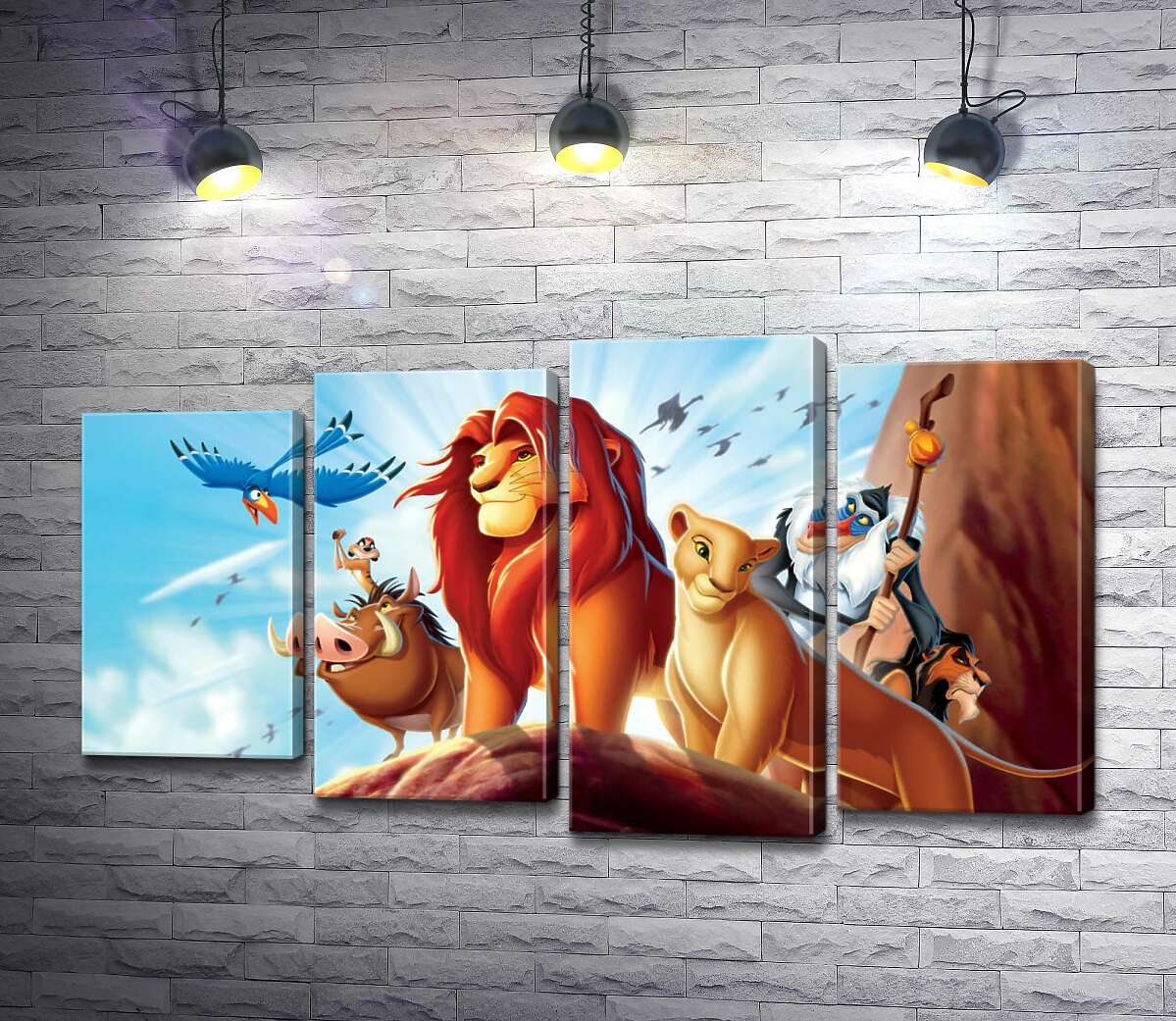 

Модульная картина ArtPoster Животные – герои мультфильма "Король Лев" (The Lion King) стоят на краю скалы во главе с Симбой 132x75 см Модуль №21