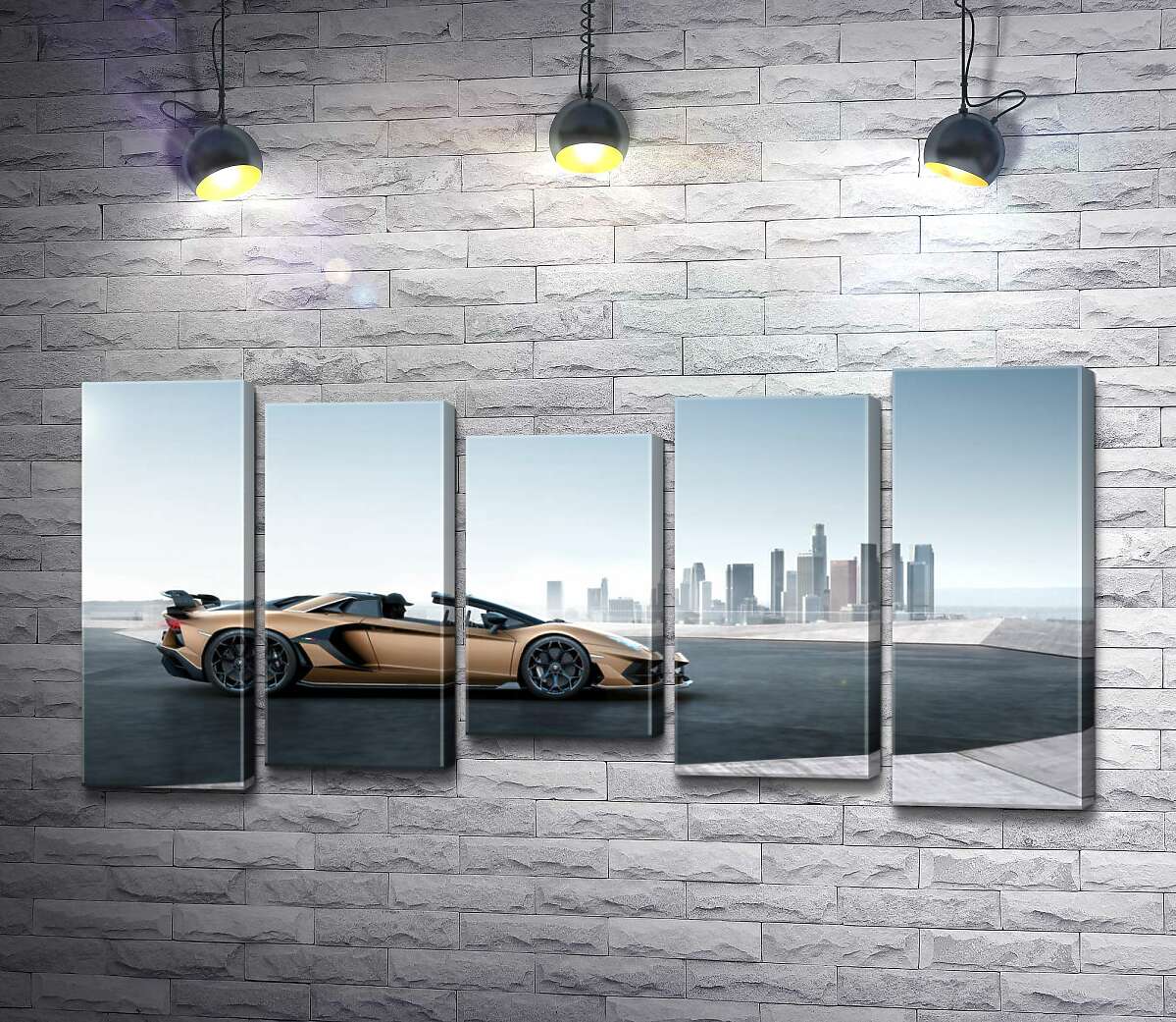 

Модульная картина ArtPoster Золотой автомобиль Ламборгини (Lamborghini Aventador) с черными элементами 100x50 см Модуль №28