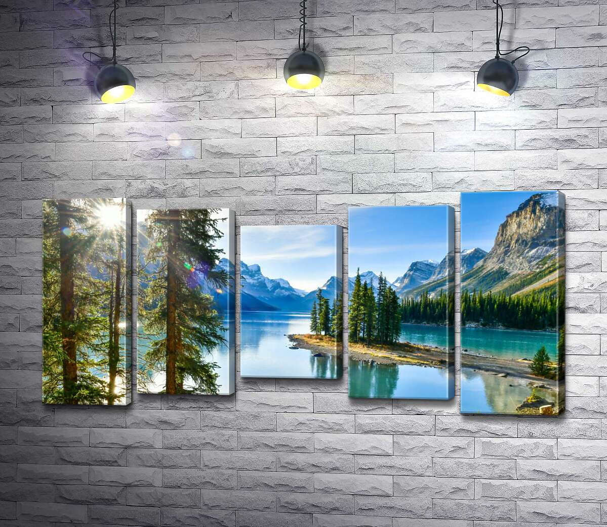 

Модульная картина ArtPoster Живописный вид на остров Спирит (Spirit island) среди голубого озера Малинье (Maligne lake) 130x66 см Модуль №28