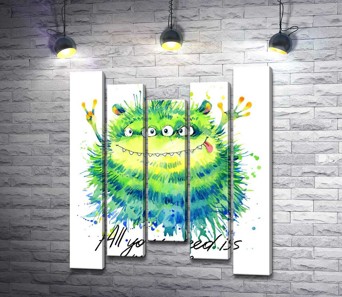 

Модульная картина ArtPoster Зеленый четырехглазый монстр с надписью "all you need is monster" 130x156 см Модуль №28