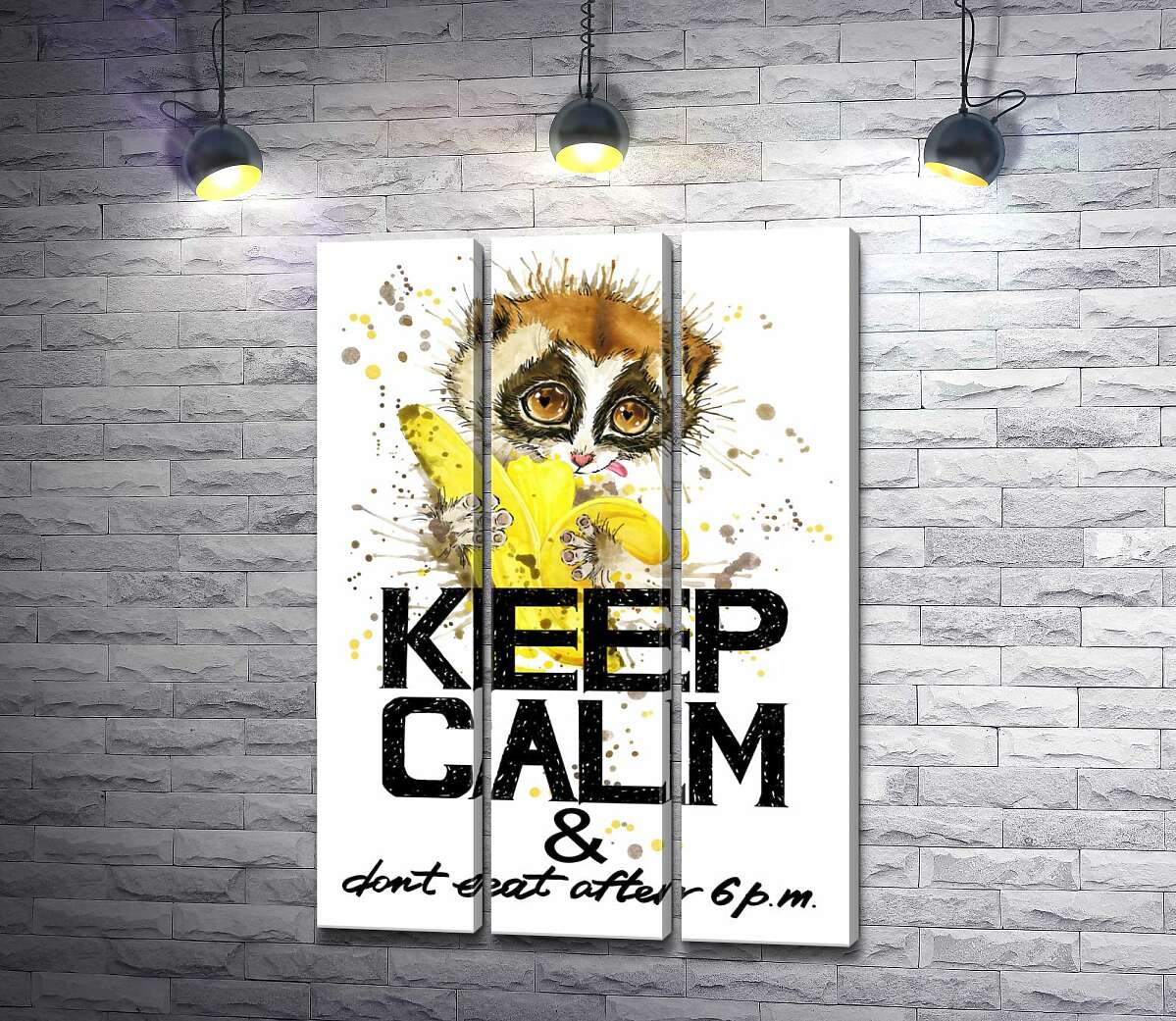 

Модульная картина ArtPoster Маленький лемур ест банан над надписью "keep calm and don't eat after 6 p.m." 132x190 см Модуль №11