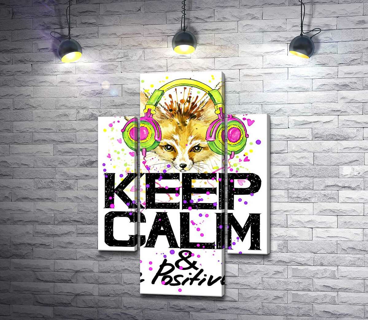 

Модульная картина ArtPoster Лиса фенек в ярких наушниках над надписью "keep calm and be positive" 131x190 см Модуль №7