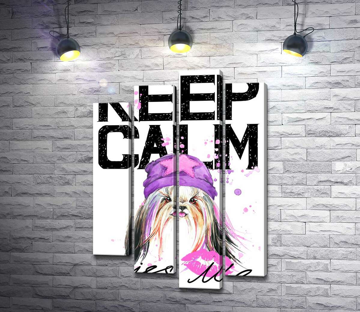 

Модульная картина ArtPoster Модная собака среди надписи "keep calm and kiss me" 132x192 см Модуль №21