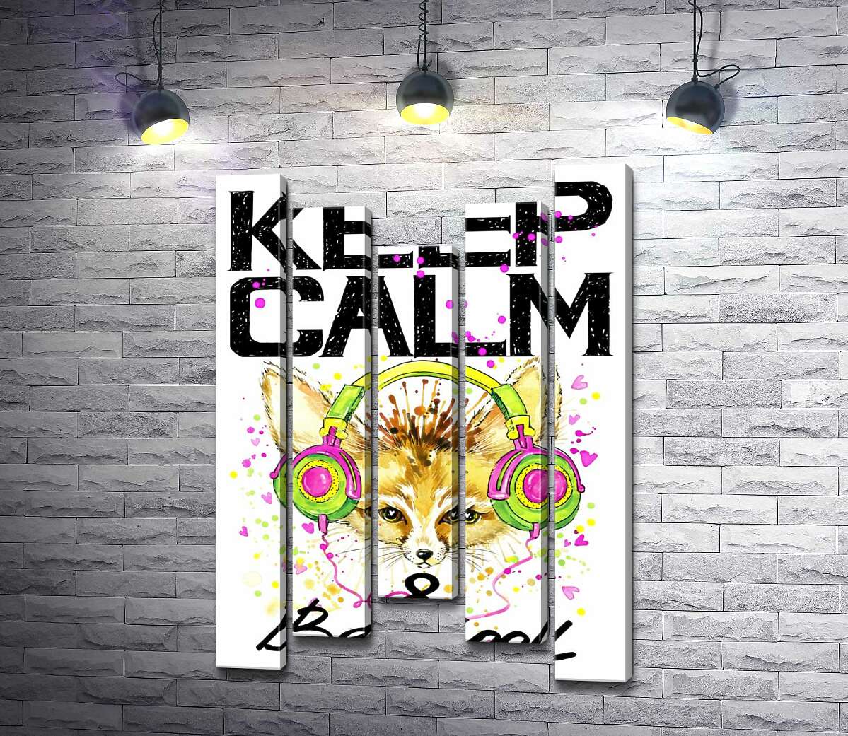 

Модульная картина ArtPoster Лиса фенек в наушниках среди надписи "keep calm and be cool" 130x192 см Модуль №28