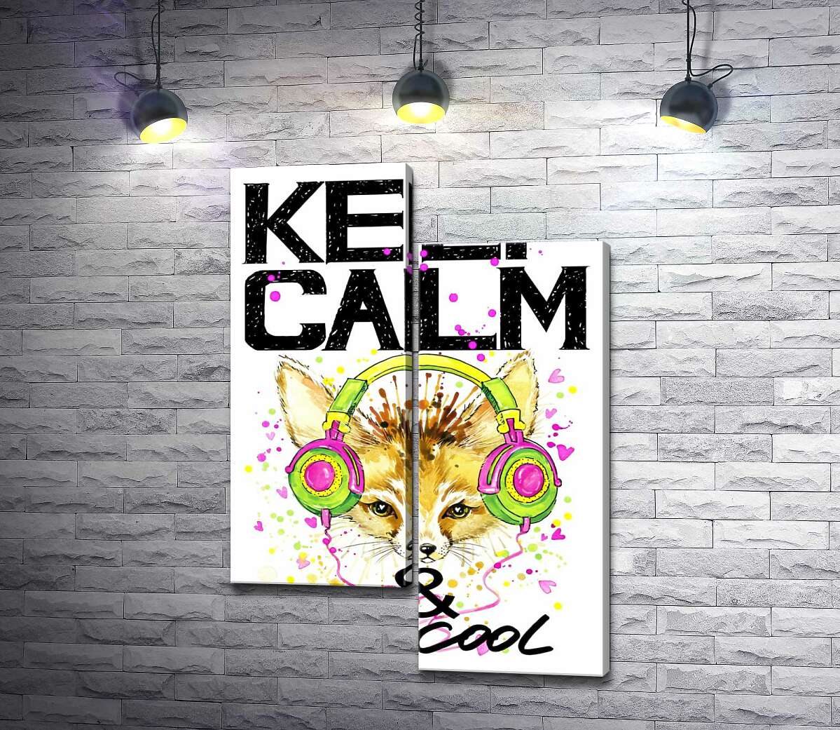 

Модульная картина ArtPoster Лиса фенек в наушниках среди надписи "keep calm and be cool" 130x191 см Модуль №5