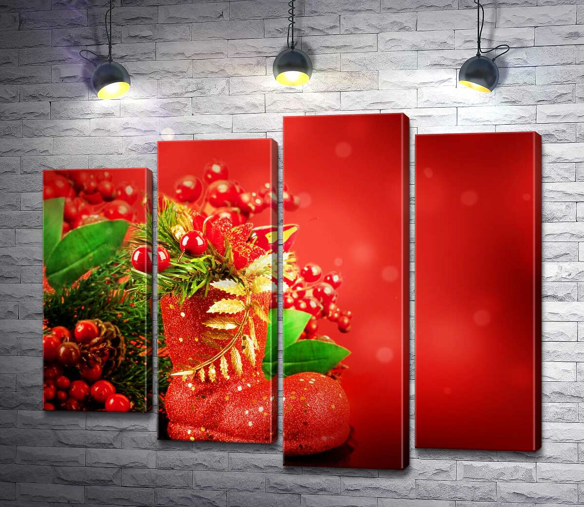 

Модульная картина ArtPoster Красный сапожок возле рождественского букета из веток елки и ягод омелы 80x65 см Модуль №21