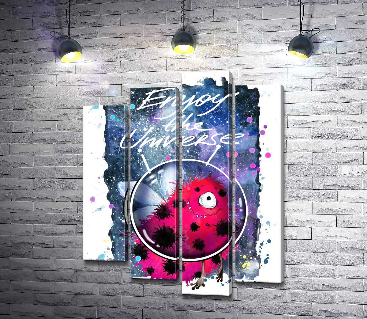 

Модульная картина ArtPoster Красный монстр с крылышками среди космоса с надписью "Enjoy the Universe" 132x168 см Модуль №21