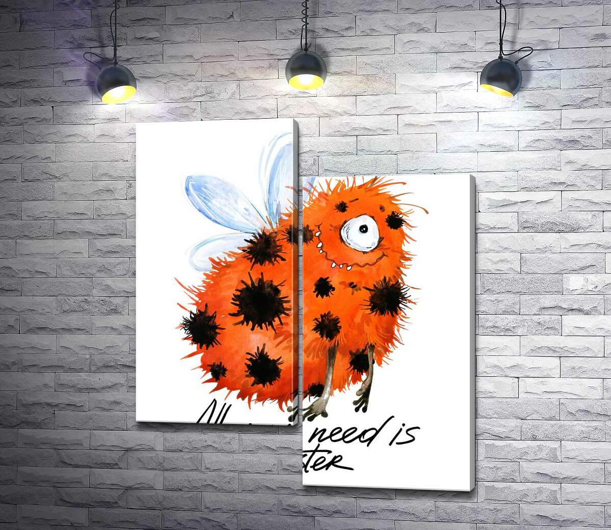

Модульная картина ArtPoster Красный пятнистый монстр с крыльями и надписью "all you need is monster" 100x119 см Модуль №5