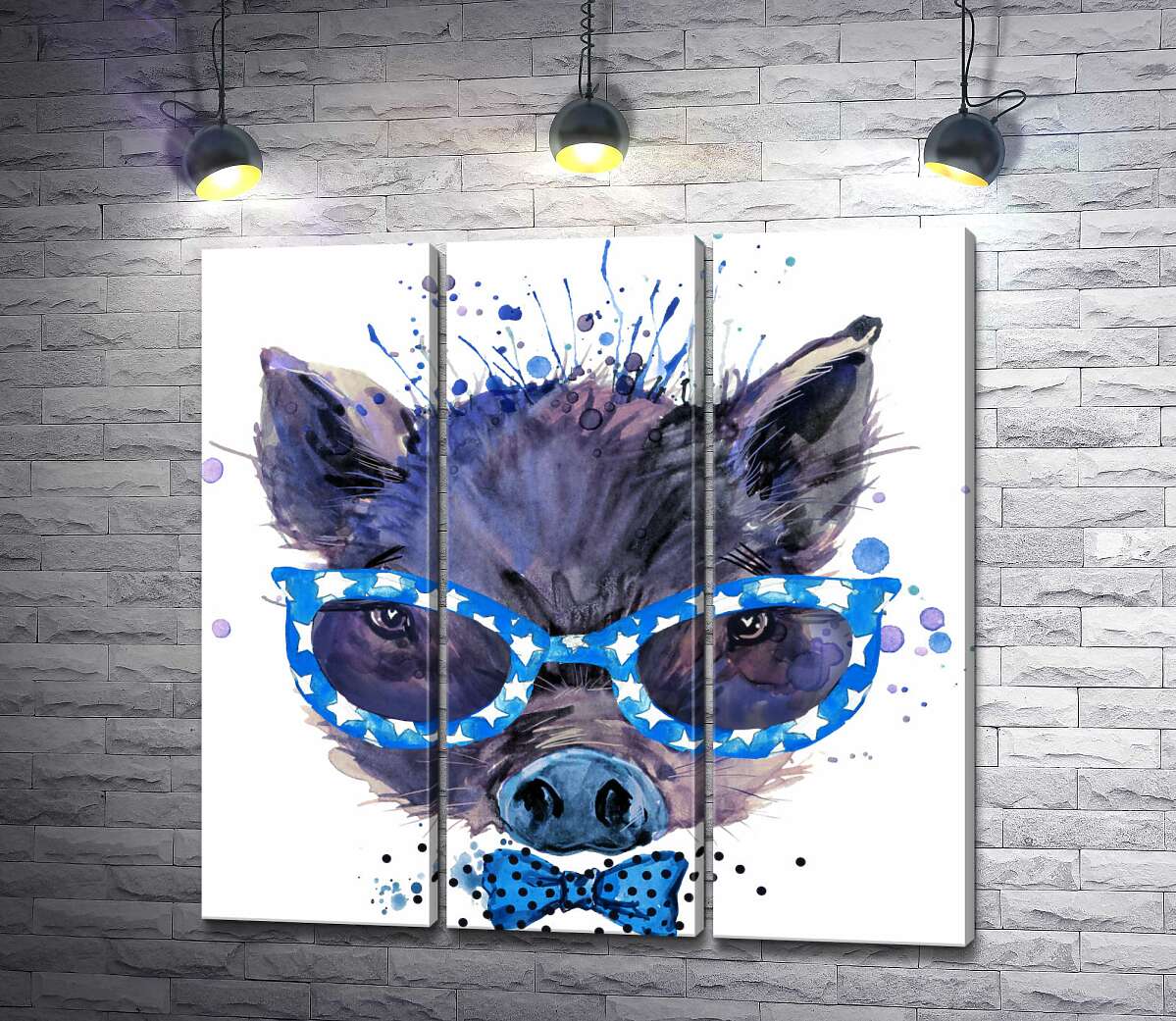 

Модульная картина ArtPoster Модный кабанчик в звездных очках и синем галстуке-бабочке 102x100 см Модуль №11